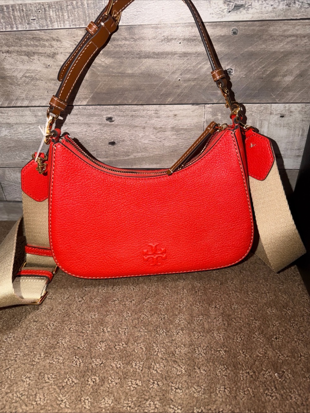 Tory Burch Red Pebbled Leather Shoulder Bag with Beige Strap Accents